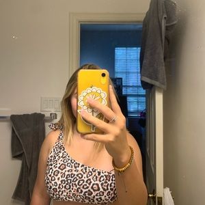 A cheetah one shoulder swimsuit set